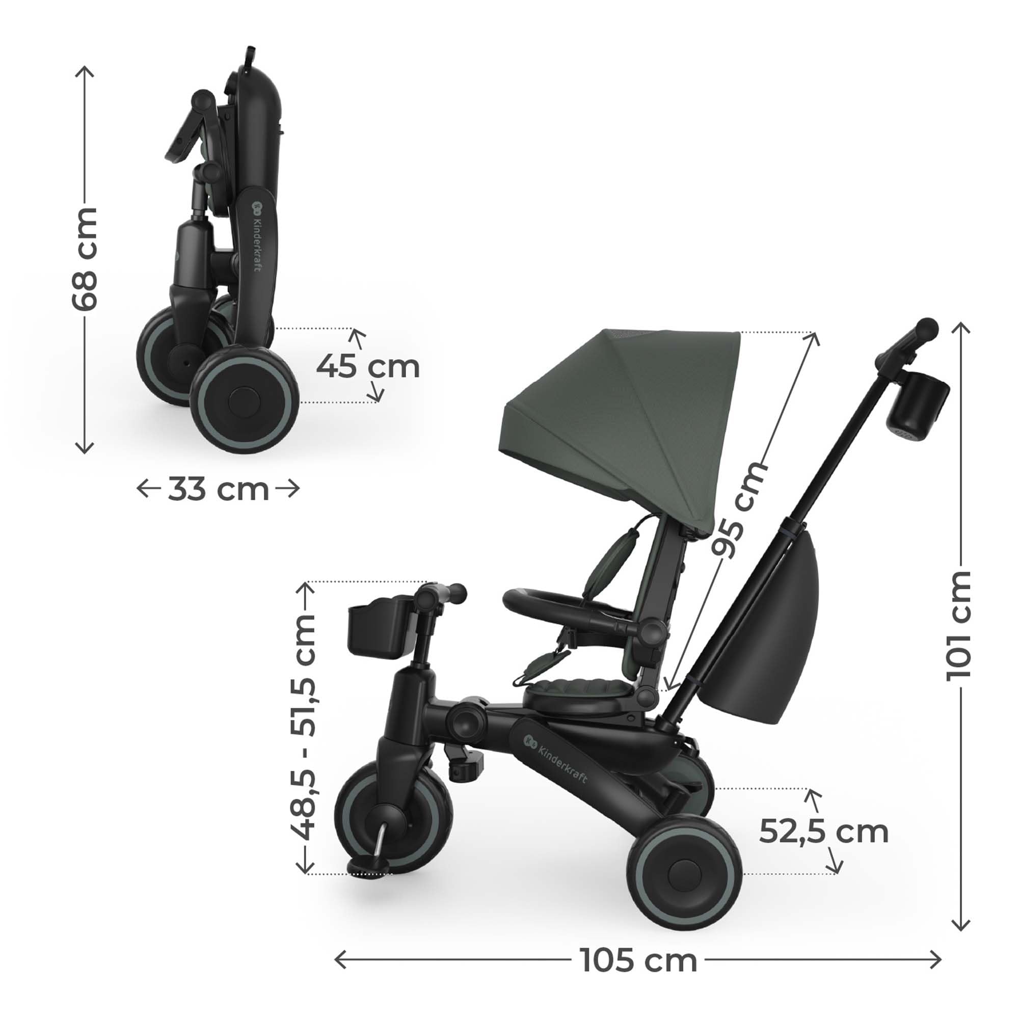 Kinderkraft JAZZ 3 triciclo pieghevole 9 mesi-25 kg, seduta 360°, semi-reclinabile fronte/retro, capotta UPF 50+ impermeabile, ruota libera, chiusura compatta, Verde