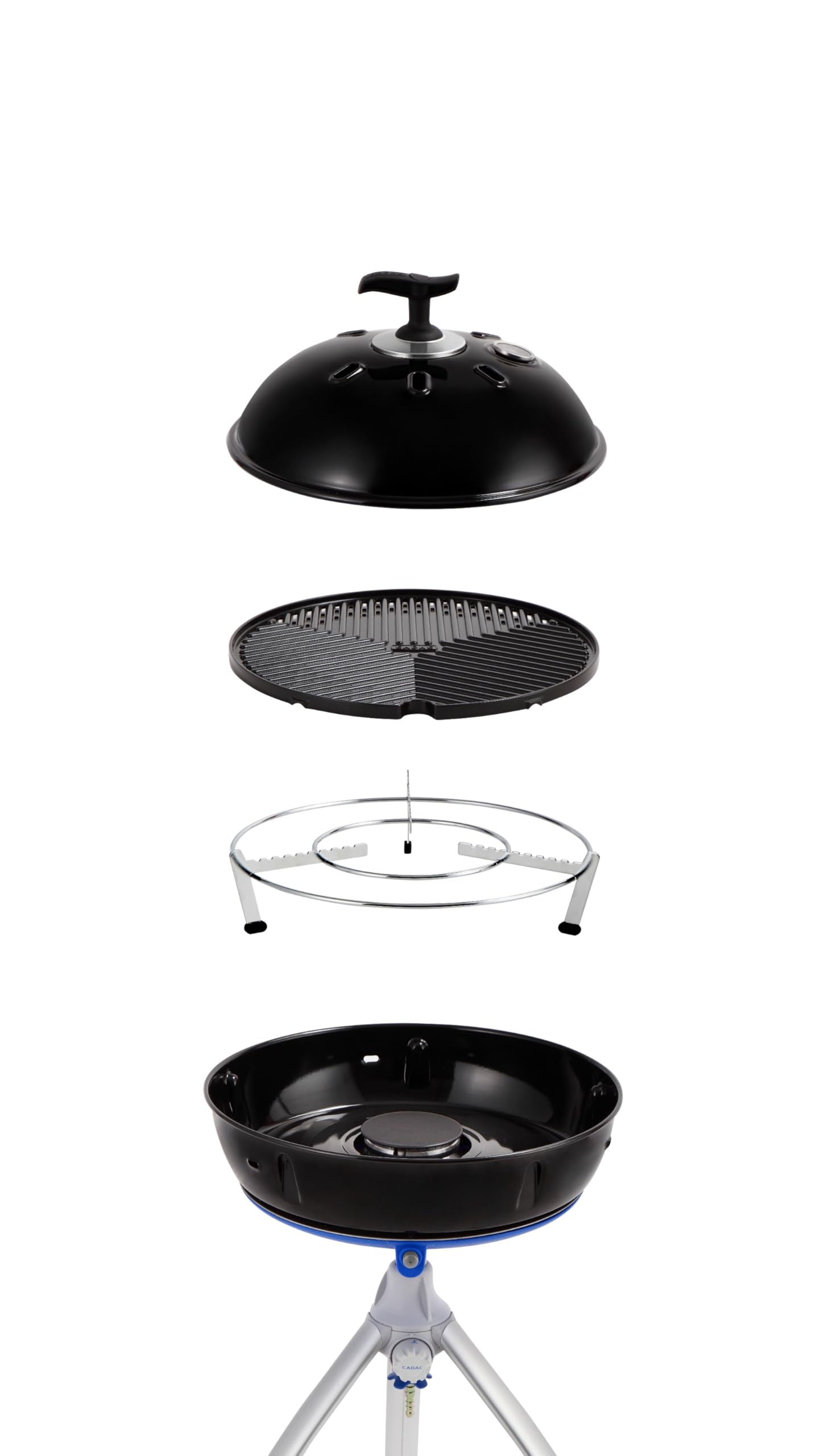 CADAC Grillo Chef 40 BBQ - 30 mbar – Barbecue de camping portable 40 cm avec grille GreenGrill antiadhésive - couvercle avec thermomètre et support pour casseroles - Utilisation en extérieur