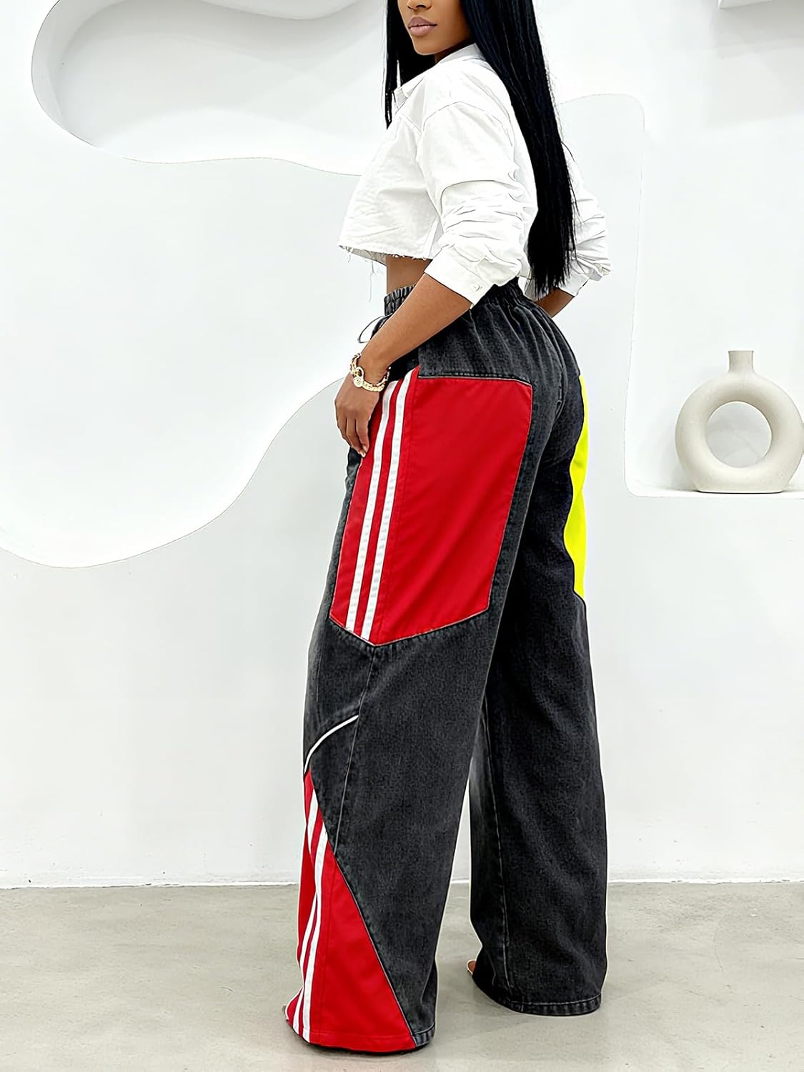 Angsuttc Baggy Wide Leg Jeans for Women Color Block Patchwork Denim Pants with Drawstring Elastic Waist - Image 4