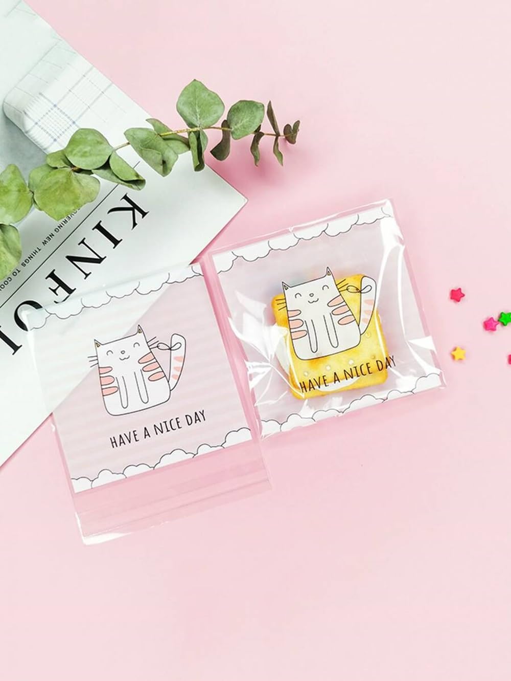50pcs Self-Adhesive Cookie Cellophane Treat Bags 4x4 Inches Self Sealing Resealable Plastic Packaging Bag, Party Favor, Chocolate Pouches, Party Return Gift Bags (Have a Nice Day Kitty)-image-38