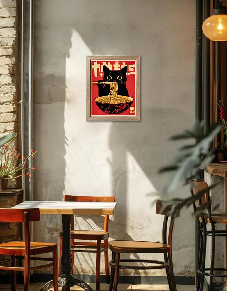 Framed Cat Ramen Canvas Print Posters Japanese Kitchen Wall Art Japandi Wall Decor Minimalist Painting Artworks Dining Room Picture Wall Decor for Home