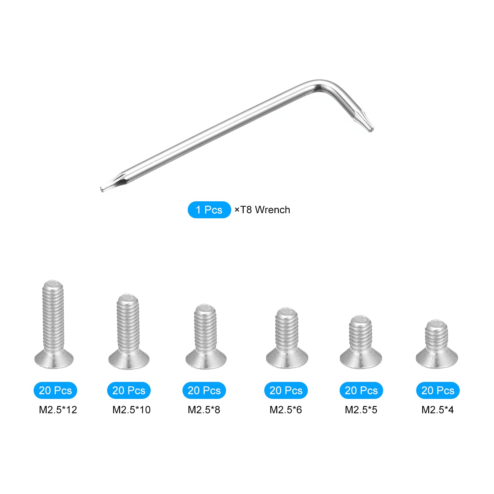 uxcell Kit di viti di sicurezza Torx M2.5 (M2,5 x 4/5/6/8/10/12 mm), 120 viti a testa svasata in acciaio inossidabile 304, a prova di manomissione, W 1 bullone per chiave T8