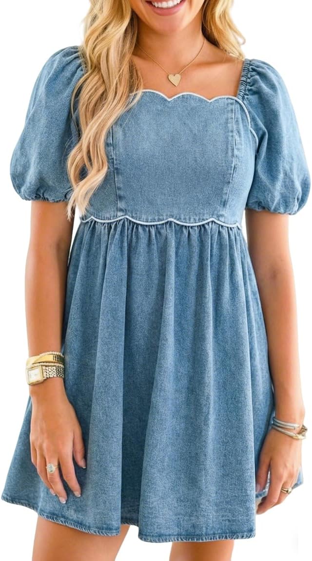 Denim Dress Babydoll Jean Square Neck Puff Sleeve Casual Country Concert Dresses with Pockets for Women 2026
