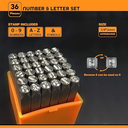 Miniatura 9 de OWDEN Juego de herramientas de estampado de metal de acero (18 ") 0.118 in, juego de punzones de letras y números de acero, acero de aleación HRC