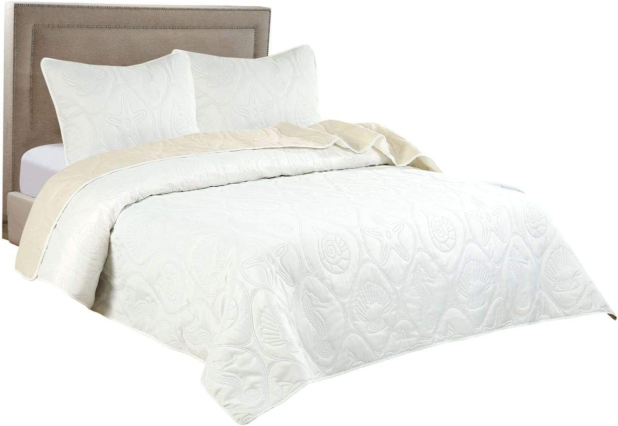 Legacy Decor 3 PCS Shell & Seahorse Reversible All Season Bedspread Quilt Coverlet Oversize Ivory & White Color King Size