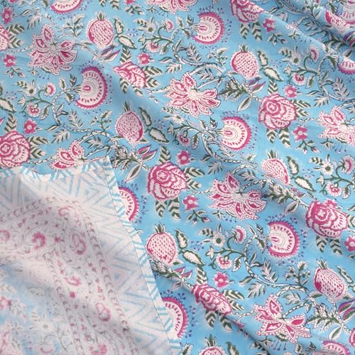 Image of TOAI Hand Block Printed Bedsheet | Bed Spread Flatsheet Bed Sheet | Pure Cotton | Queen Size 90 inchx108 inch | 210 TC Luxury Cotton | 2 Reversible Pillow Covers |Pink Florals on Blue