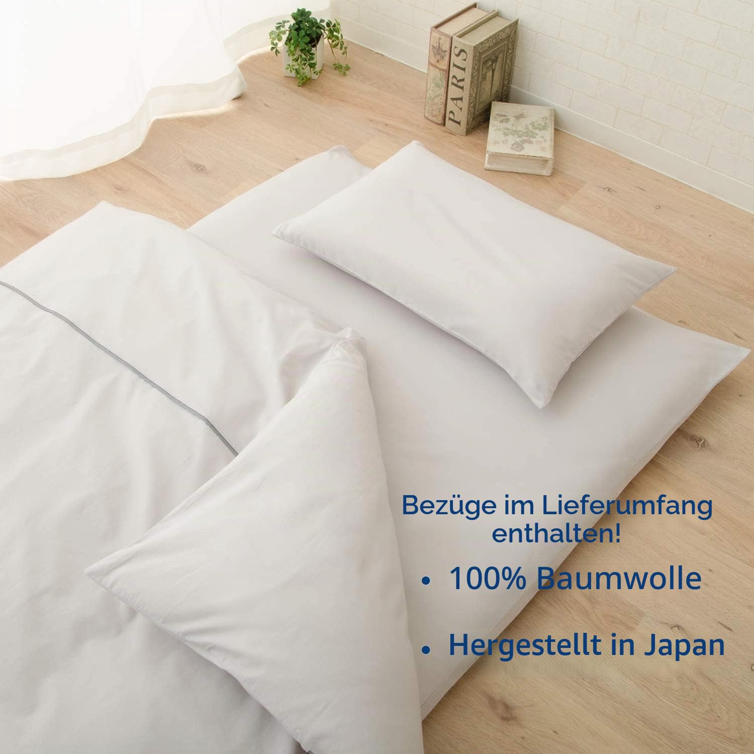 EMOOR Japanische Faltbarer Futon Matratze für Tatami CLASSE mit Baumwolle Spannbetttuch,100 x 200 cm (Grau), Hergestellt in Japan, Bodenmatratze Baumwolle