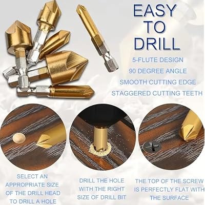 Countersink Drill Bit Set 6Pcs Titanium Coated Chamfer Bits with Hex Shank, 90-Degree 5-Flute Woodworking Metal Drilling Tool Kit for DIY Furniture Repair, Imperial Sizes 1/4 to 3/4 Inch