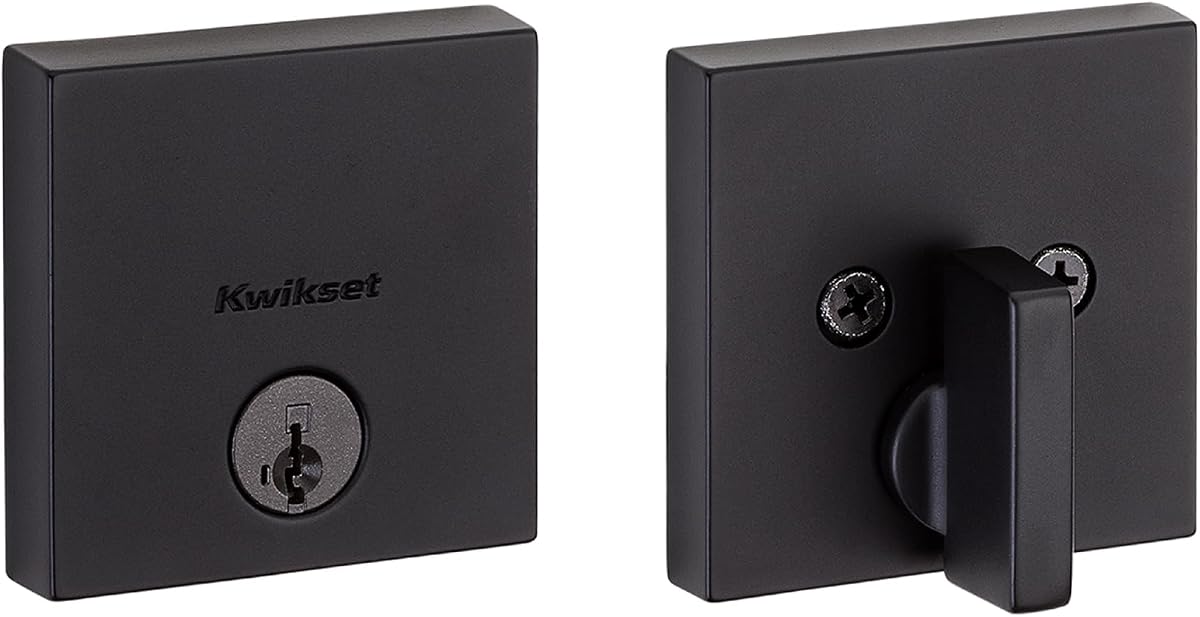 Cerradura de cerrojo Downtown, puerta de entrada frontal con llave exterior cuadrada negra mate, seguridad de rellave SmartKey resistente a golpes, cerrojo de un solo cilindro, con protección Microban