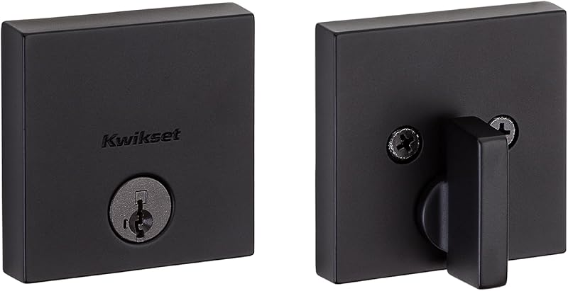 Cerradura de cerrojo Downtown, puerta de entrada frontal con llave exterior cuadrada negra mate, seguridad de rellave SmartKey resistente a golpes, cerrojo de un solo cilindro, con protección Microban