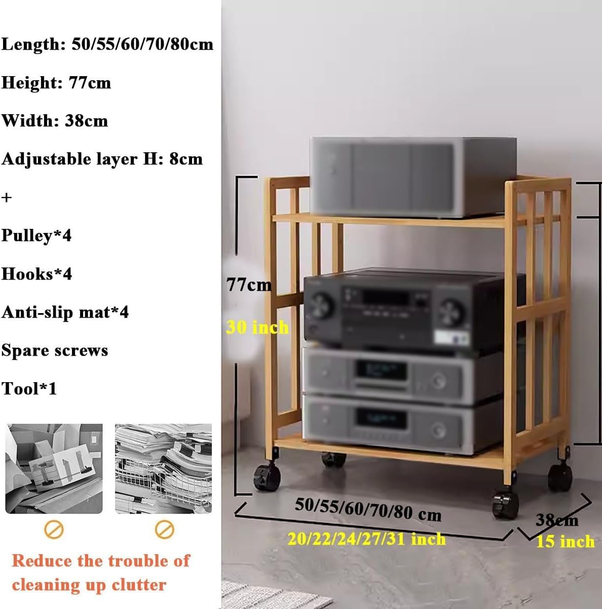 Soporte de audio móvil para sala de estar, soporte estéreo para reproductor de DVD, CD, consolas de juegos y altavoces, unidad de almacenamiento de componentes versátil (W-70 cm, blanco)