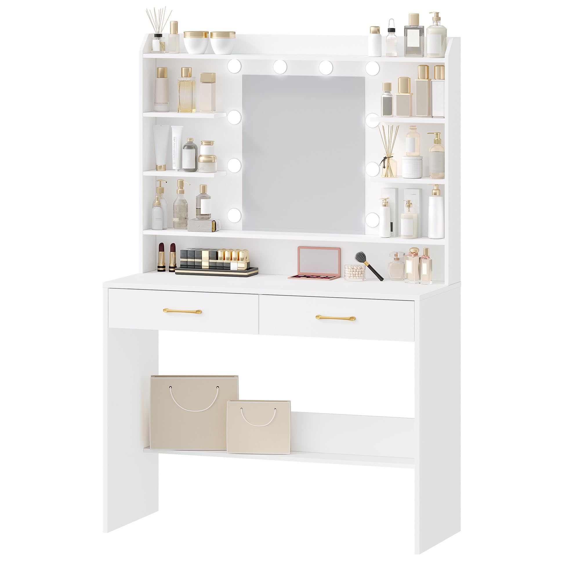 Hzuaneri Tocador de Maquillaje, con Espejo y luz LED, Estilo Moderno, Estación de Maquillaje con Estantes Abiertos y 2 Cajones, para Dormitorio, Salón, 40 x 100 x 149 cm, Blanco DT38703X