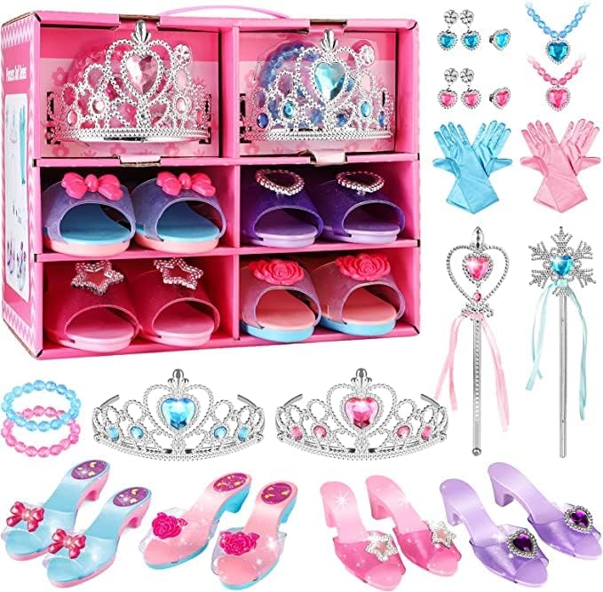 Girls Pretend Play Toys, Princess Dress Up Toy Set - 4 Pairs Play Shoes and Fashion Jewelry Accessories of Crowns, Necklaces, Bracelets, Rings, Birthday Christmas Party Gifts for 3 4 5 6 Year Old