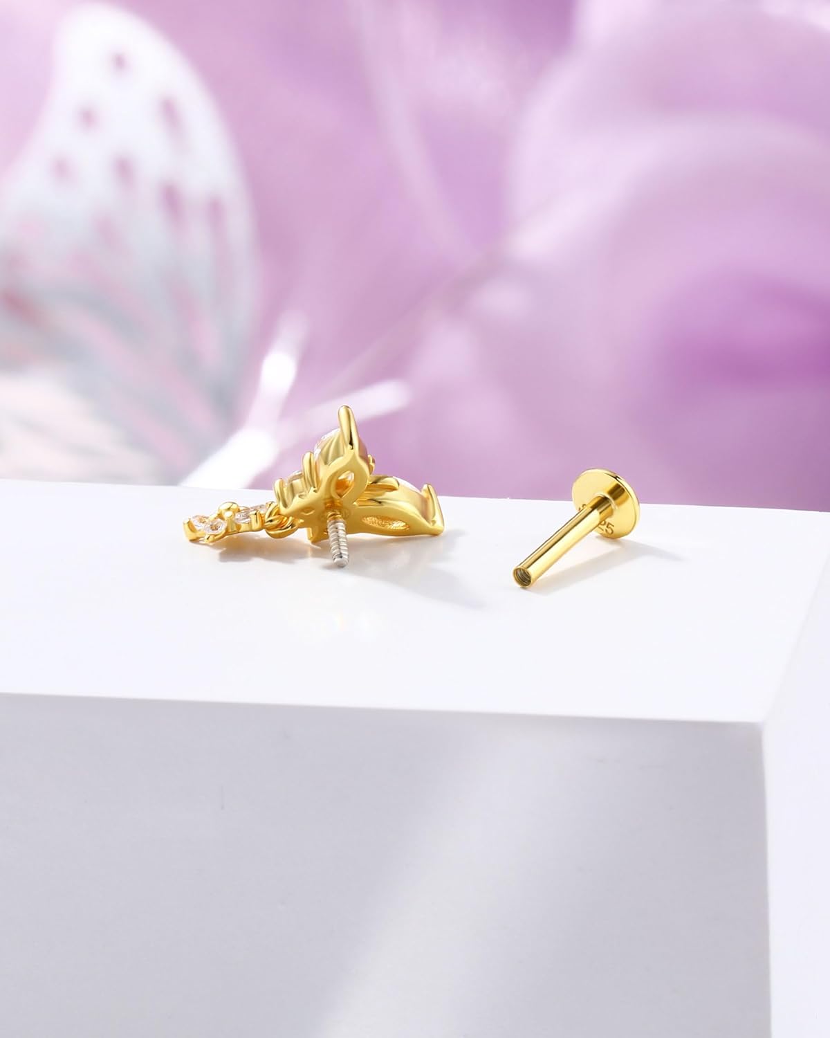 Jewseen 925 Sterling Silver Flat Back Stud Earrings 16G Gold Cartilage Stud Earring Butterfly Internally Threaded Helix Conch Tragus piercing Jewelry Flower Lip Nose Cartilage Piercing for Women - Image 6