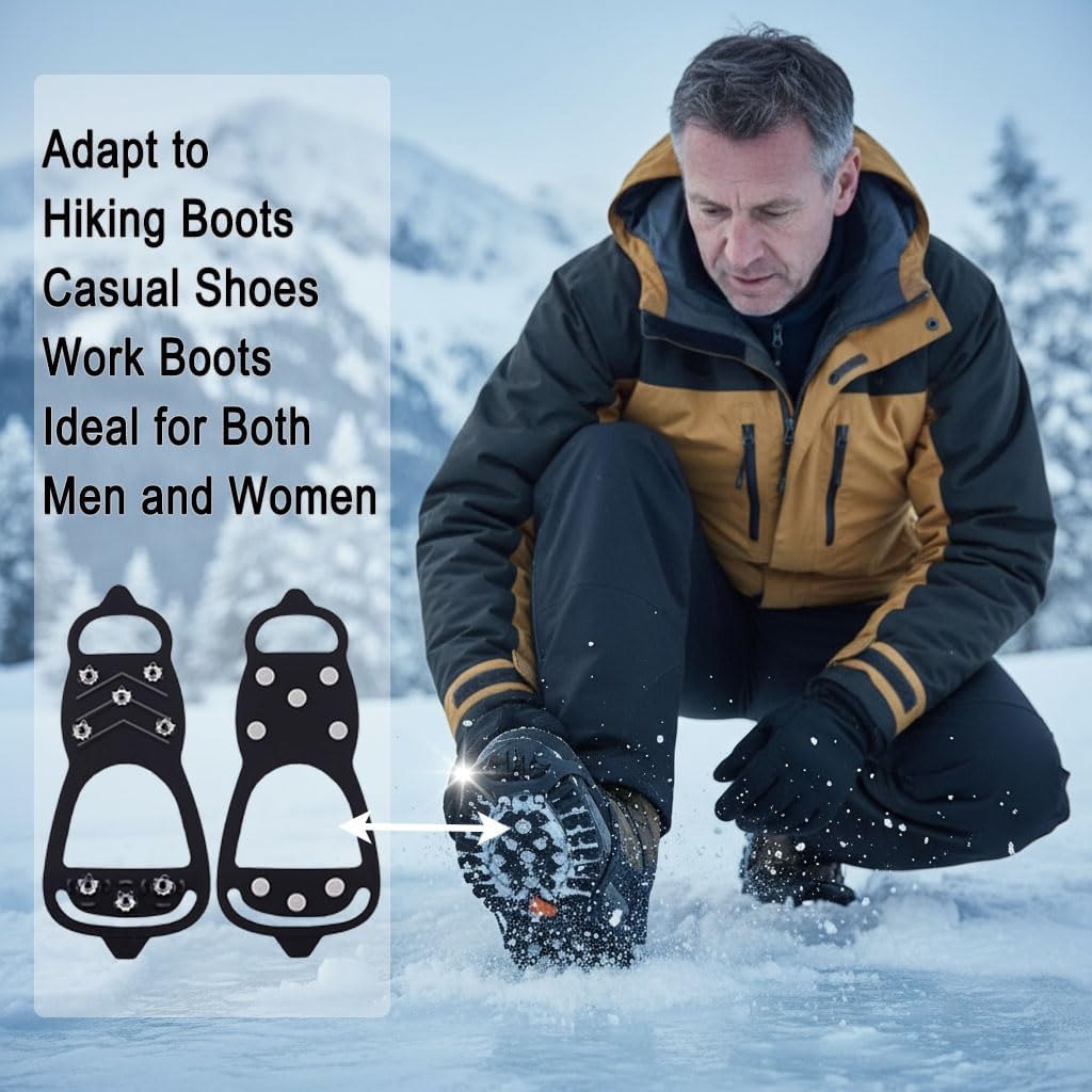 Ice Cleats for Shoes and Boots，8 Steel Studs Non Slip Micro Spikes, Durable Crampons for Hiking Boots Women&Men, Winter Ice Spikes for Snow Hiking Climbing Ice Fishing
