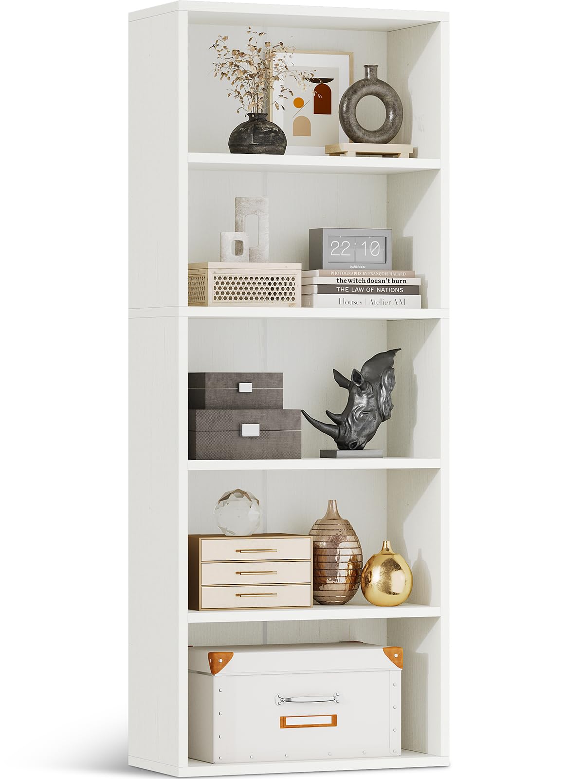 Casaottima 5-Tier Tall Bookcase - 18.9"x9.4"x52" Open Shelf, White Storage For Living Room, Bedroom, Office