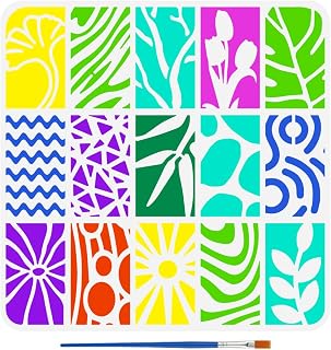 FINGERINSPIRE Geometric Shapes Drawing Stencil with A Paint Brush 11.8x11.8inch Geometric Textures Painting Template Flowers Leaves Plaid Patterns Stencil for Painting on Wood Wall Fabric Furniture