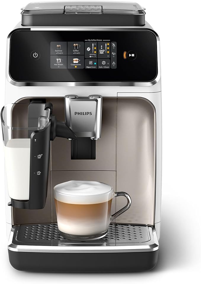 Philips Expresso broyeur Série 2300-4 Boissons, Écran tactile coloré, Carafe LatteGo, SilentBrew, Broyeur 100% Céramique, Machine à café à grain Blanc Chromé (EP2333/40)