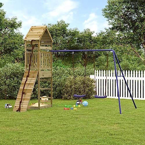 mzdioop Wieża do zabawy z impregnowanego ciśnieniowo drewna sosnowego z podwójną huśtawką, ścianka wspinaczkowa, piaskownica, platforma 90 cm, stabilny stelaż A, plac zabaw dla dzieci w ogrodzie i na
