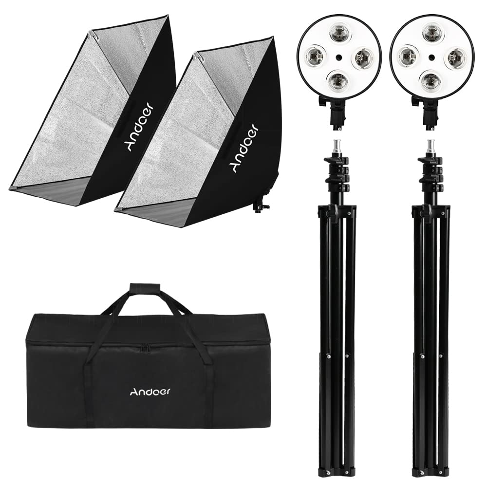 Andoer Softbox set voor fotostudio,2 x 150 W fotolamp en 2 x opvouwbaar lampstatief,2 x afstandsbediening met 3 Kleurtemperatuur 3000K-6000K Dimbaar Softbox voor portret, reclame video-opname