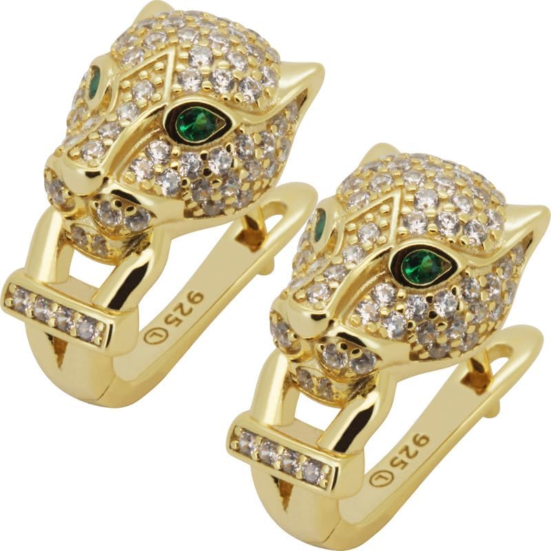 925 Sterling Silver 14k Gold Vermeil AAA Cubic Zirconia Panther Head Hoop Earrings