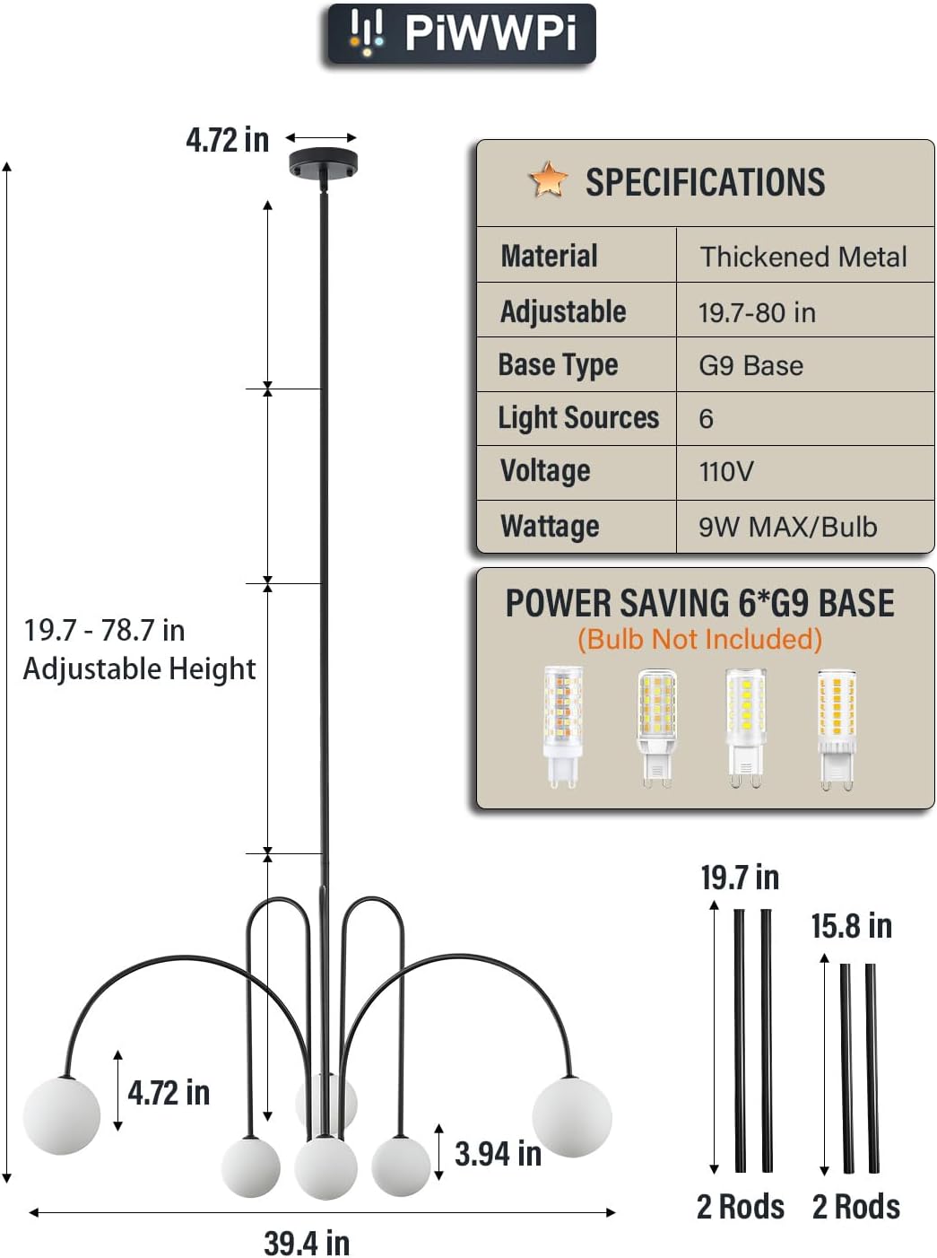 Modern Black Chandelier, 6-Light Sputnik Globe Chandelier, 40" Large Mid Century Glass Pendant Light Fixture for Foyer, Entryway, Dining Room, Kitchen Island, Living Room, Bedroom
