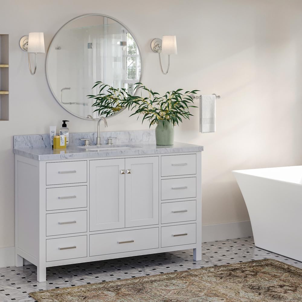 ARIEL Cambridge A055S-BC-WHT 54" Inch Single Solid Wood White Bathroom Vanity Base Cabinet with 2 Soft-Closing Doors and 9 Self-Closing Drawers