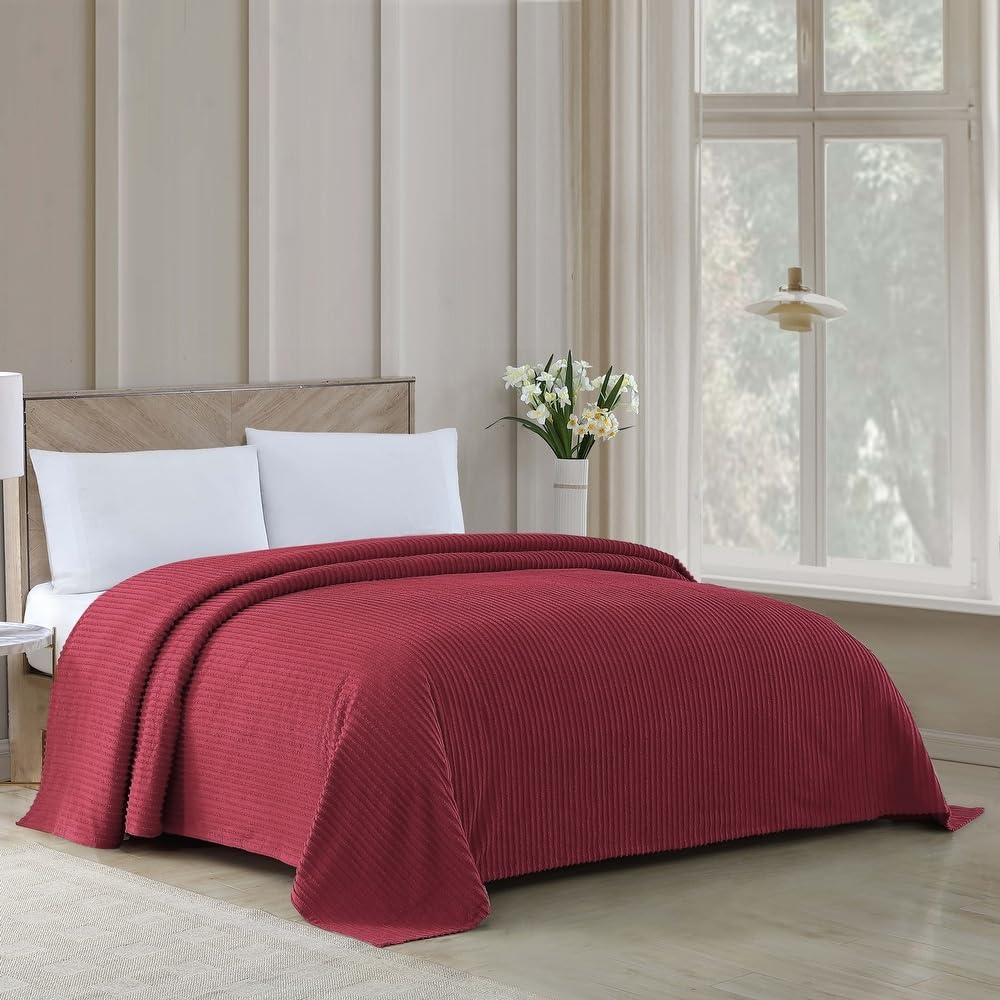 1 Piece Lightweight 100% Cotton Tufted Chenille Bedspread Queen Size Textured Channel Stripe Design | All Seasons Burgundy Maroon Color Shabby Chic Bedding Western Aesthetic Look Soft Plush Cozy