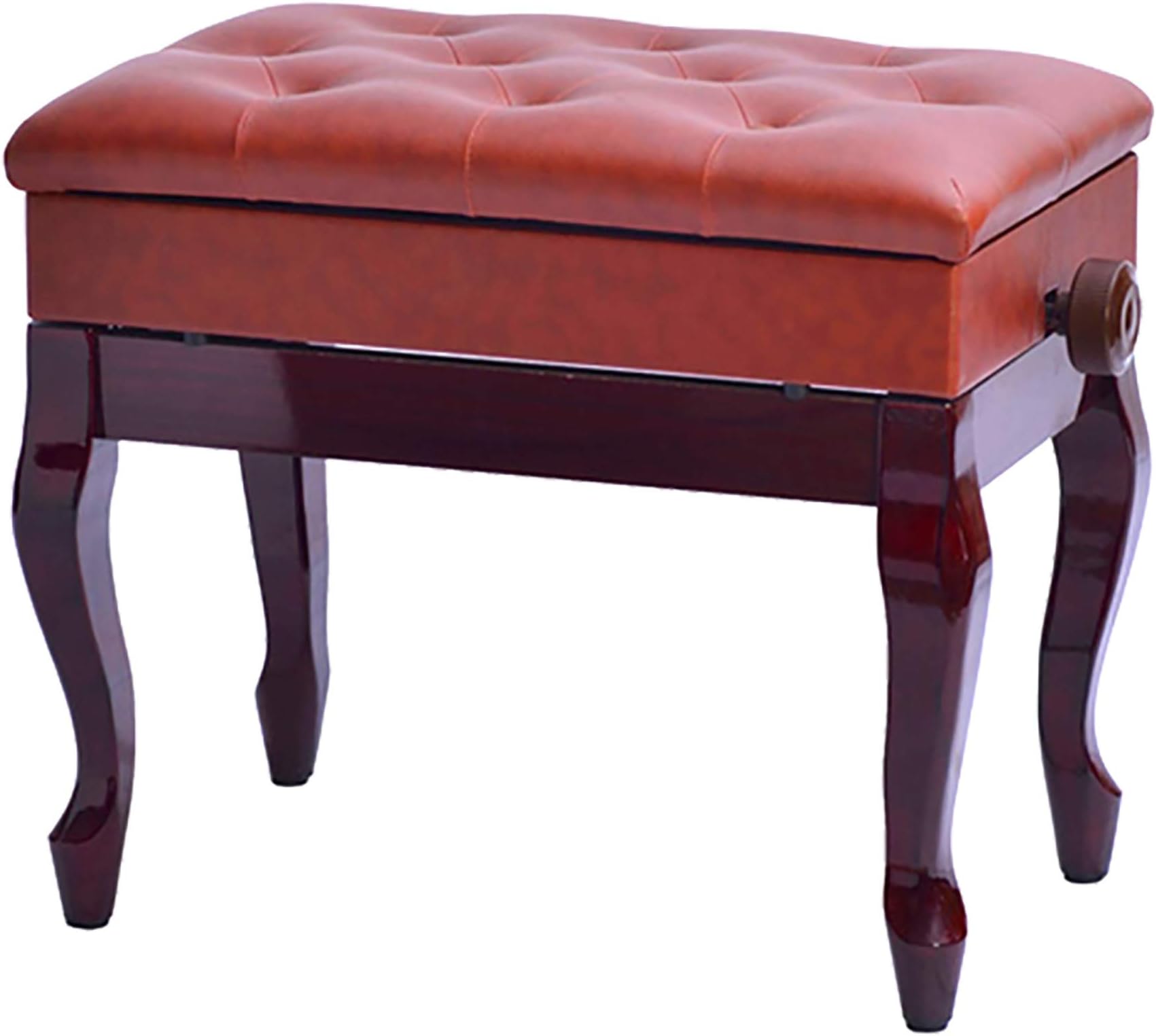 Adjustable Piano Stool with Storage Solid Wood Dressing Table Bench Curved Legs Deluxe PU Leather Seat Reddish Brown - Perfect for Musicians and Home Decor