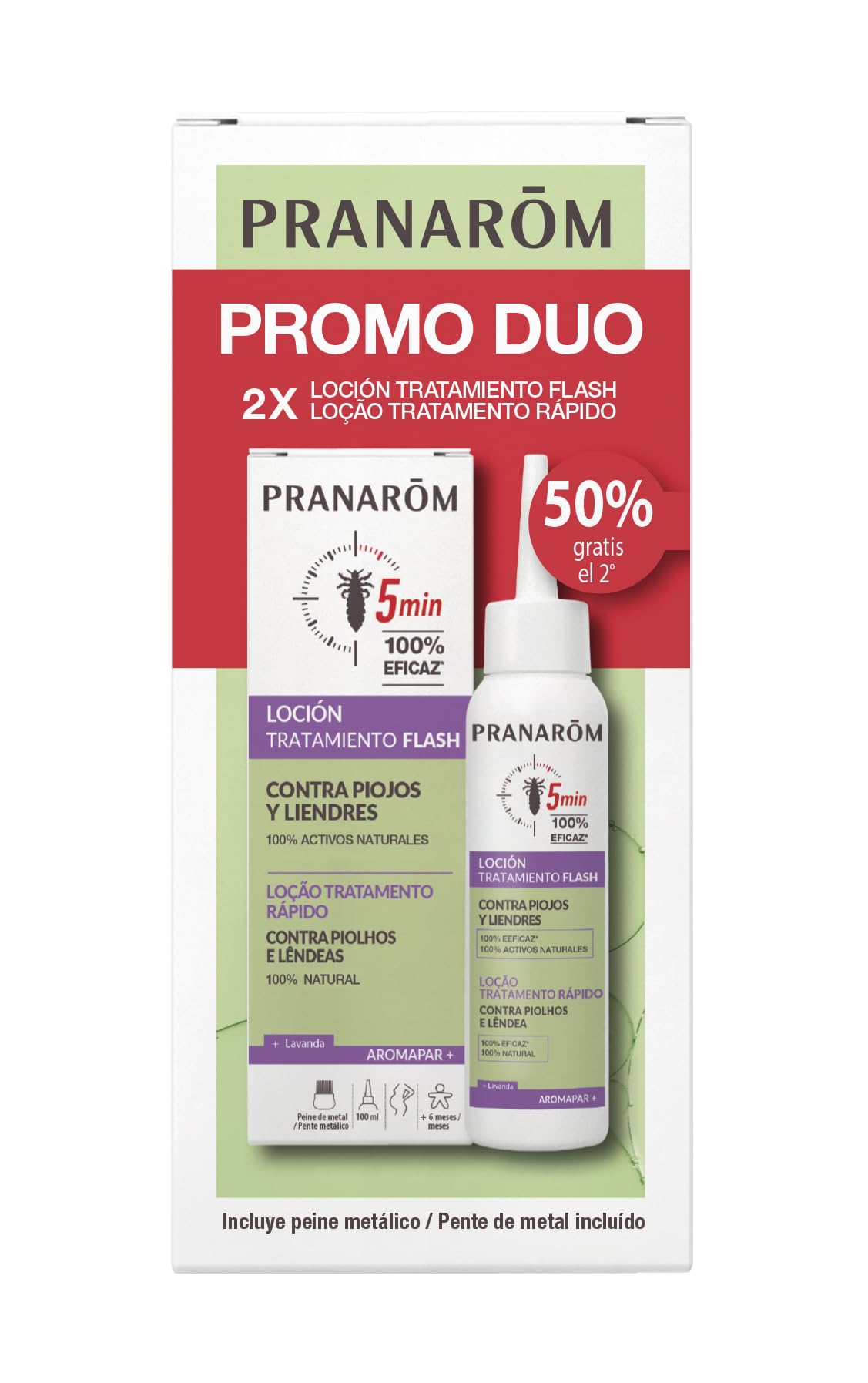 Pranarôm Aromapoux Duo Lozione Antipidocchi 2x100 ml | Con lavanda vera e olio di cocco, pettine incluso. Agisce in 5 minuti, dai 6 mesi.
