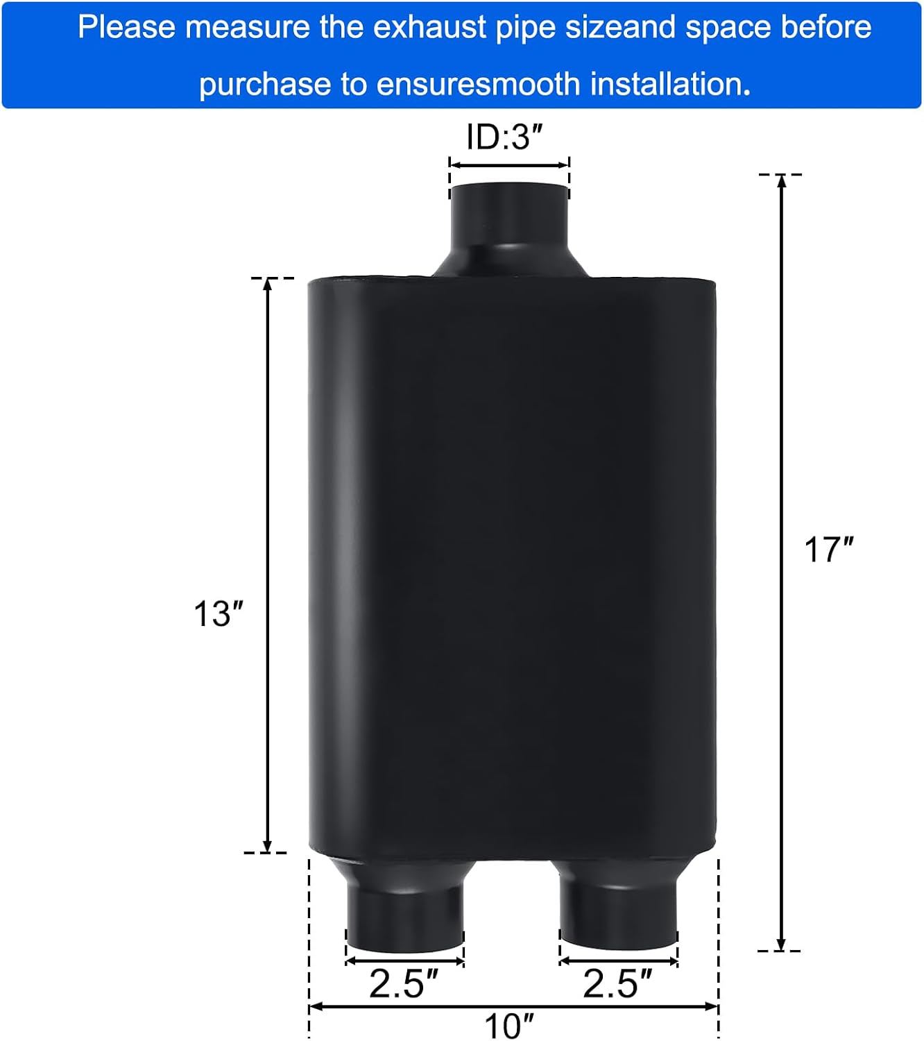 Universal Mufflers Performance Automotive Exhaust Aluminized Steel Muffler Dual Chamber 3" center inlet (ID) 2.5" dual outlet (ID) FH430402