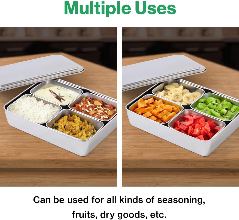 Japard Stainless Steel Seasoning Box with Lid, Food Storage Container with Tray Spice Organizer Jars, 8 Grids Spice Salt Sugar, Kitchen Utensils (4 Grids (2 Sets))