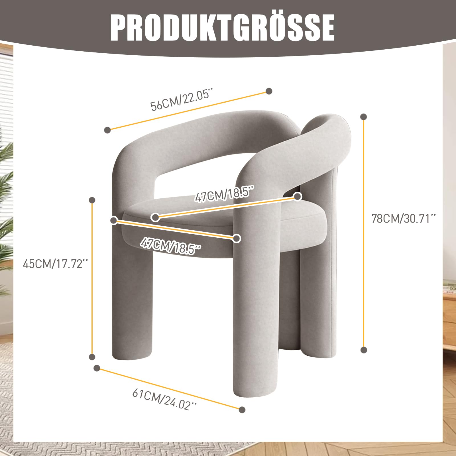 Schminkstuhl aus weichem Plüsch-Samt, Moderner Polsterstuhl mit geschwungener Rückenlehne, Gepolsterter Lounge-Sessel für Schlafzimmer, Wohnzimmer & Schminktisch, 47 × 61 × 78 cm, Grau (Grau)