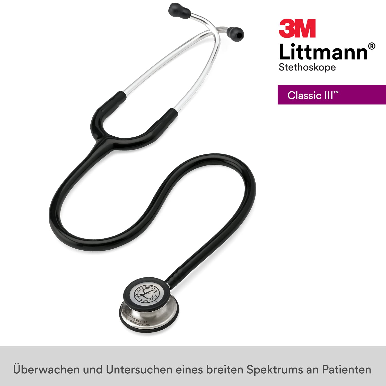 3M Littmann Classic III Stethoskop zur Überwachung, 5620, schwarzer Schlauch, 69 cm & Stethoskop-Namensschild, 40007, Schwarz