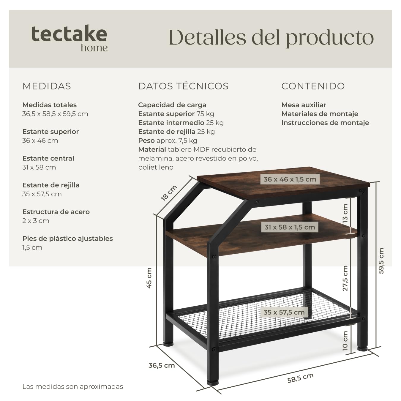 tectake® Mesa Auxiliar Madera y Acero, 2 Estantes, Mueble Auxiliar Salon, Dormitorio y Oficina, Decoracion Hogar, Mesitas de Noche - 58,5 x 36,5 x 59,5 cm Madera Industrial Oscura, Rústica