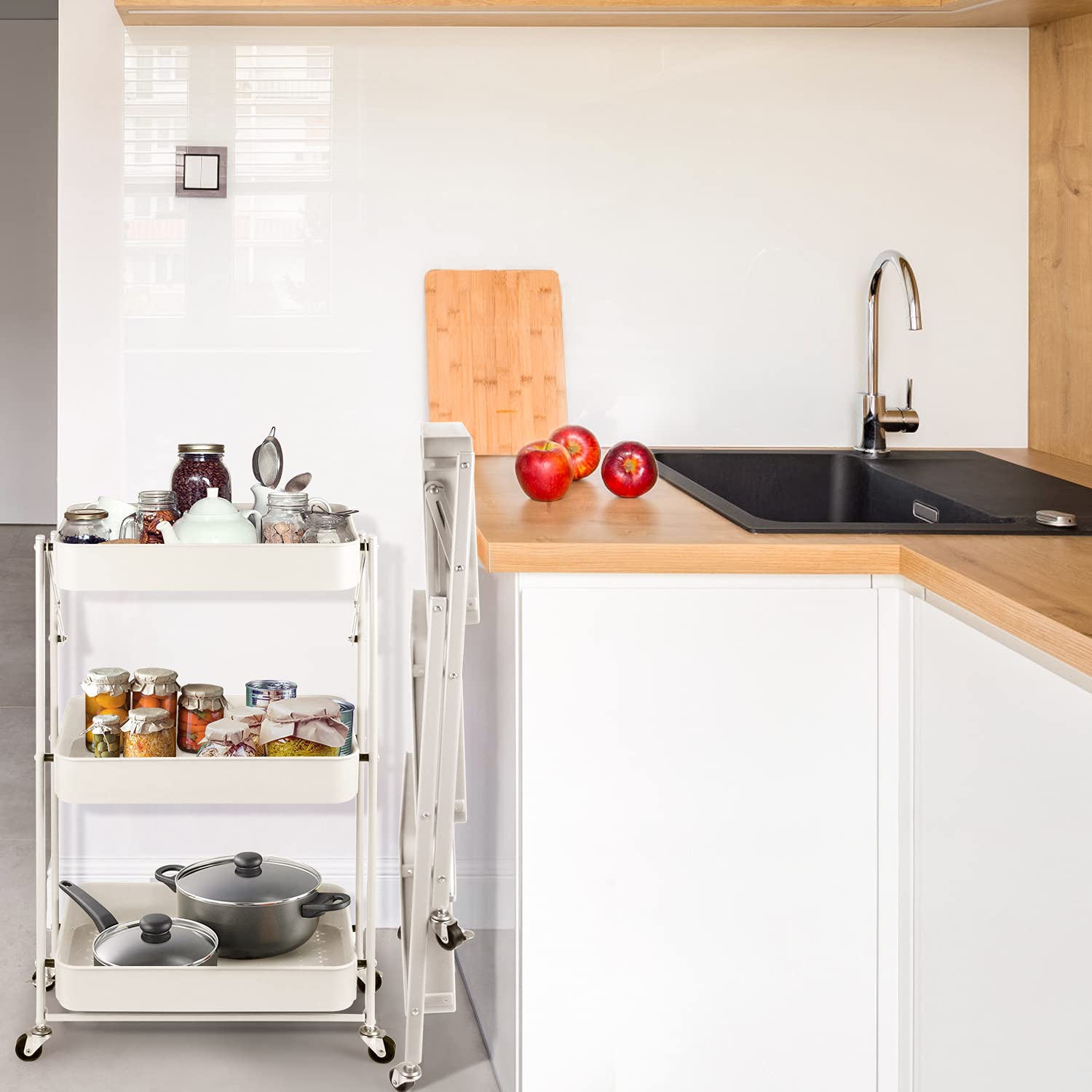 Todeco Desserte à roulettes Pliante, Chariot Mobile à 3 Niveaux, Chariot de Cuisine, Pas d'assemblage, 46 x 29 x 78 cm, pour Cuisine, Bureau, Salle de Bain, Vestiaire (Blanc)