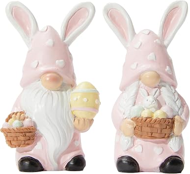 WDS WONDROUS Easter Decorations Gnomes Bunny Figurines Set, 2-Pcs Pink Resin Rabbit Ear Gnome with Heart Polka Dot Easter Egg Basket, Mini Easter Decorations Gnomes Bunny Figurines Set