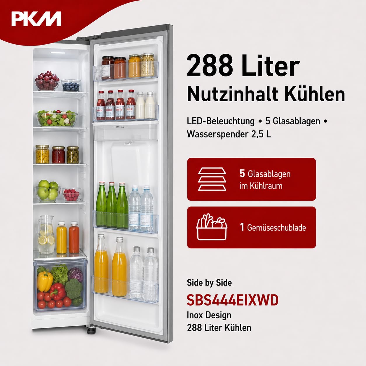 PKM SBS444EIXWD, Side by Side Kühl-Gefrierkombination, 439 L, 2-türig mit Wasserspender, Inox Design