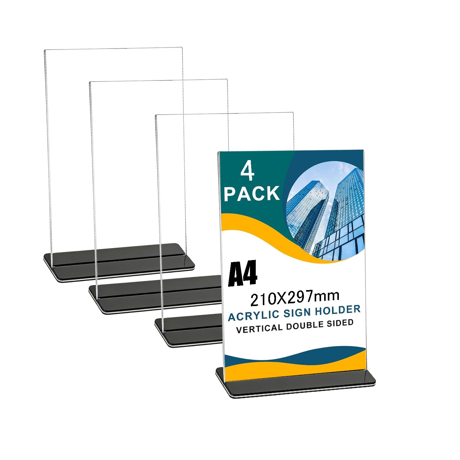 Cobenga 4 Pack A4 Acrylic Table Stands with Solid Base, Double-Sided Acrylic Display Stand, Poster Menu Holder for Table, Restaurant, Hotel, Store, Office, Bar, Menu, Promotions, Documents Sign Holder