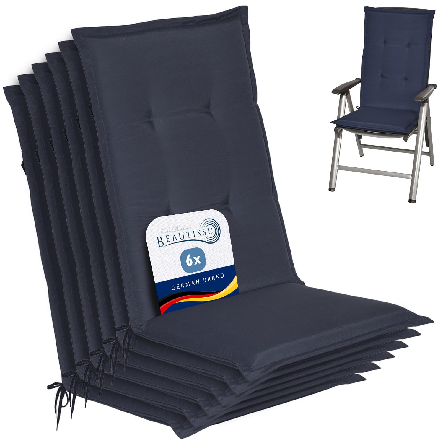 Beautissu Highback Outdoor Chair Cushions 120x50x6 cm Loft HL - Set of 6 Seat Cushions for Garden Chairs with Backs Recliner Patio Chair Sunbed Bench - Dark Blue — image 1