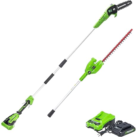 Greenworks 24-Volt Cordless and Electric 8-Inch Pole Saw and 20-Inch Pole Hedge Trimmer Combo
