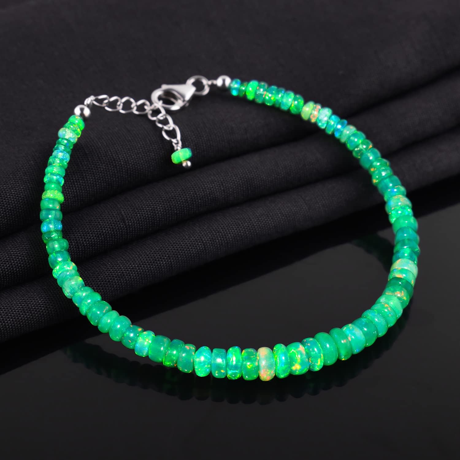 InfinityGemsArt Green Ethiopian Opal Bracelet, October Birthstone, Natural Gemstone Beads, Dainty Handmade Jewelry Women, Chakra Energy Crystals, 925 Sterling Silver Chain 8 inch - Image 3