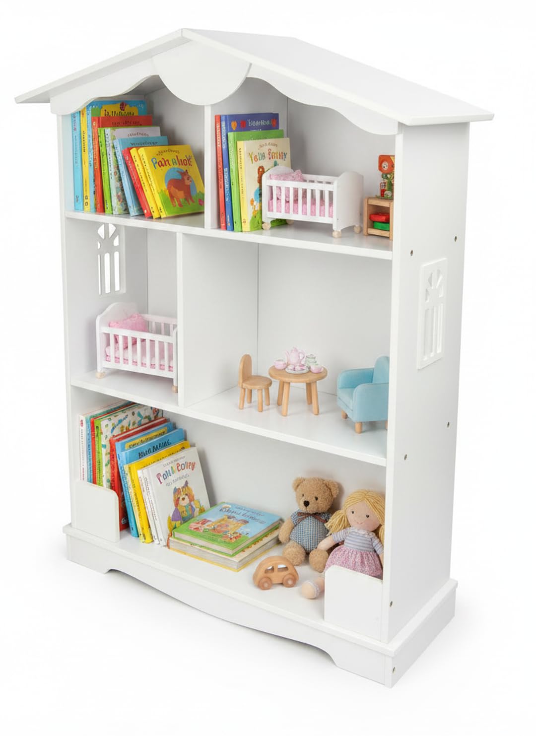 białe meble do przechowywania: domek 2w1, skrzynia 103 l, szafka RTV, kontenerek na kółkach i biblioteczka z półkami, do pokoju dziecka, salonu, biura i sypialni, MDF