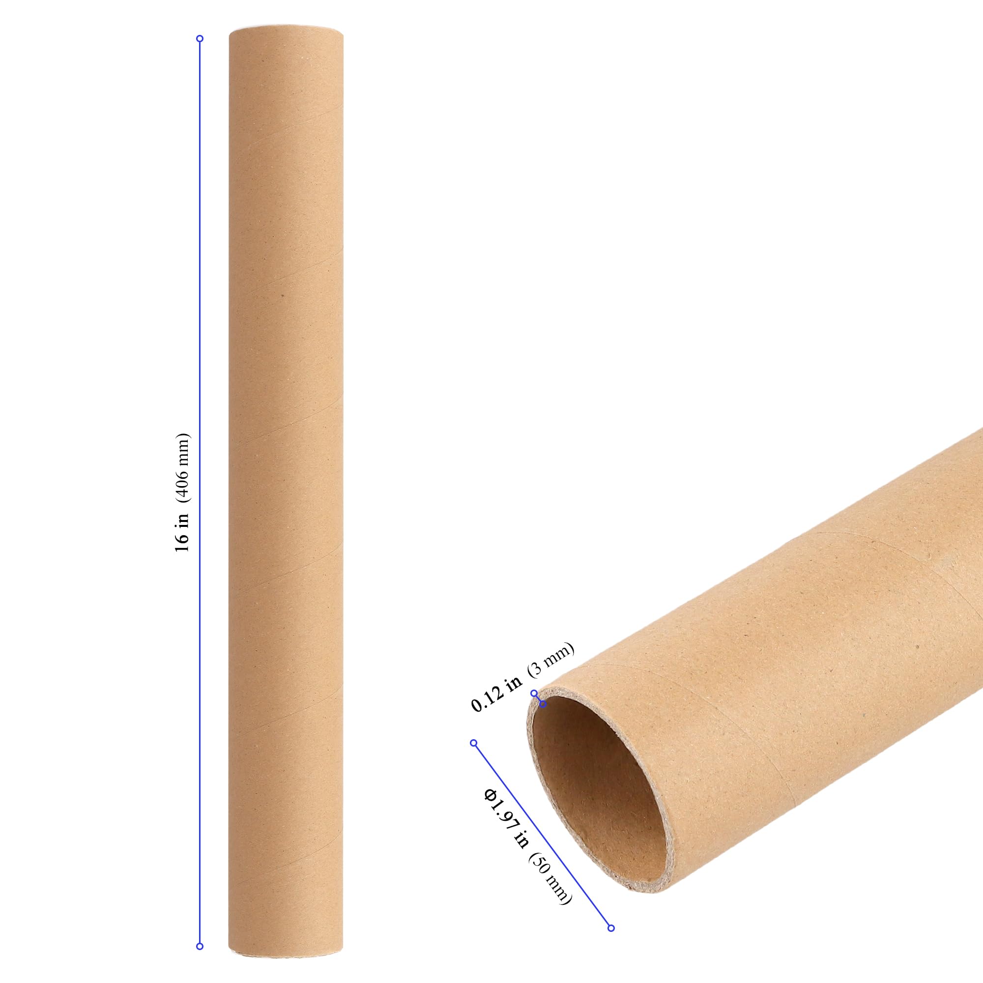 Condition photo showing New/Like New for 18 pcs 2 x 16 inch mailing tubes with caps, reinforced kraft shipping tubes, kraft poster tube for storing, transporting artwork, documents, blueprints, brown