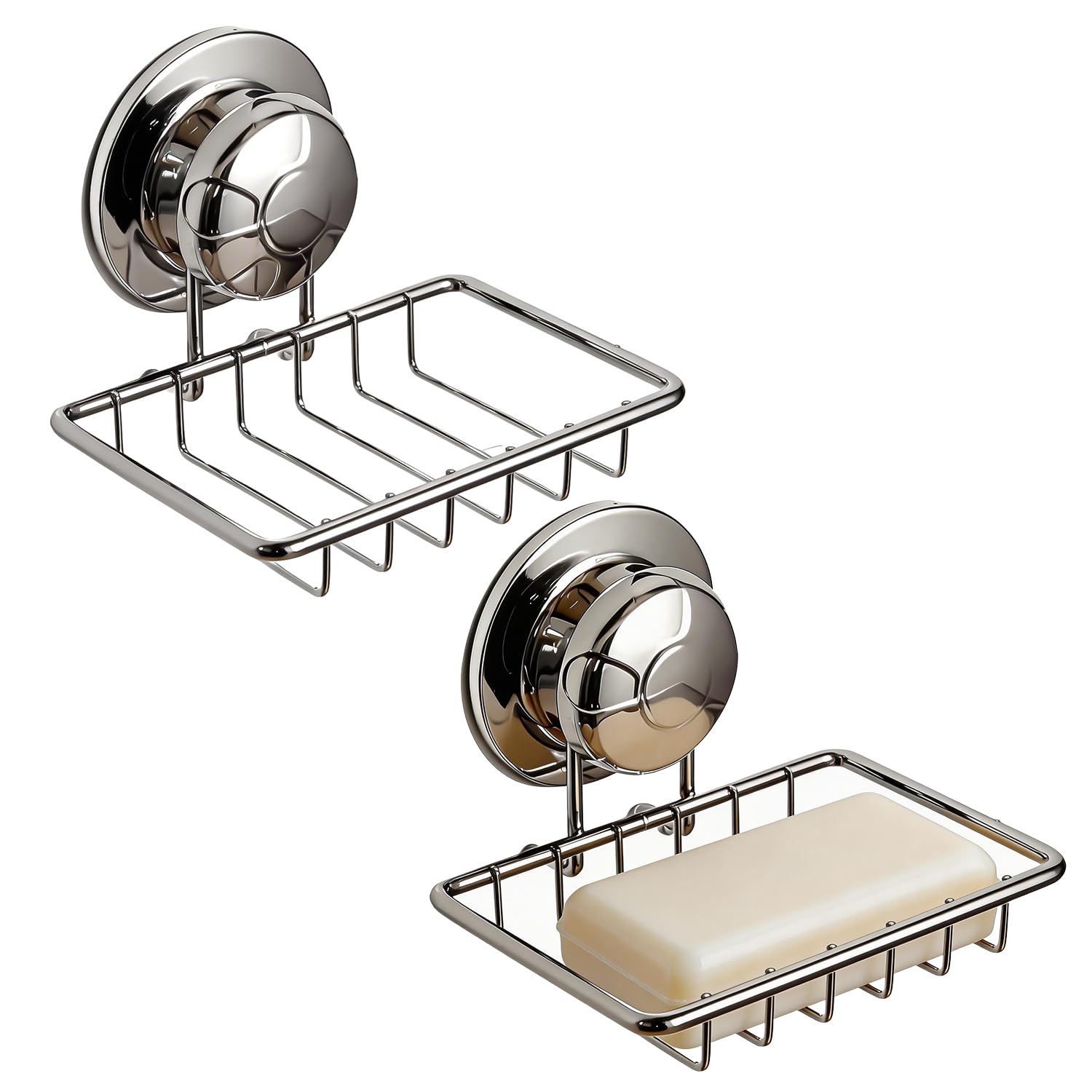 Shower Soap Holder, 2 PCS Stainless Steel Suction Soap Dish, Waterproof and Rustproof Removable Metal Shower Organizer, Super Powerful Vacuum Suction Cup Sponge Holder for Bathroom, Tub