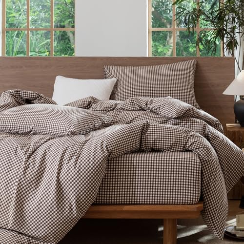 Image of MooMee Gingham Duvet Cover Set 100% Washed Cotton Linen Like King | Relaxed Linen-like Texture. Soft, Breathable & Long-lasting Comfort. Lightweight. Hidden Zipper with 8 Interior Corner Ties