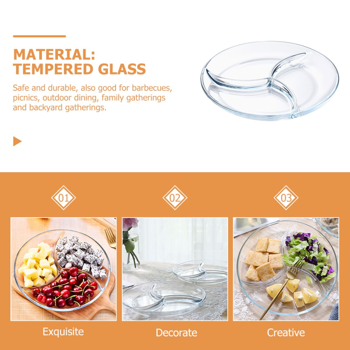 Cabilock Assiette Séparation des Aliments à 3 Compartiments Divisée en Verre Trempé Usage Facile pour Fruits et Salade Barbecue et Jardin