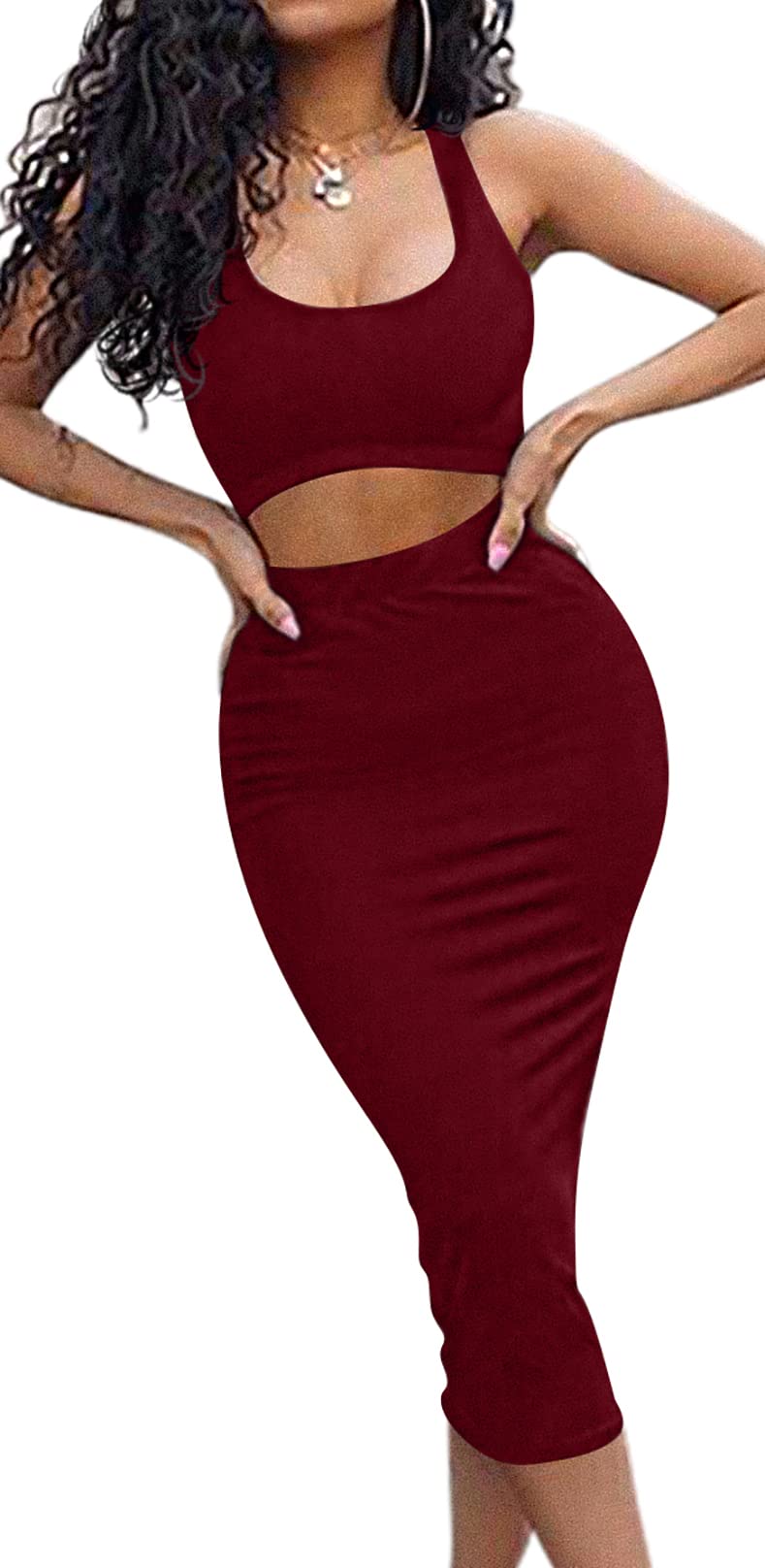 GOBLES Women's Sexy Summer Outfits Bodycon Tank Top Midi Skirt 2 Piece Dress