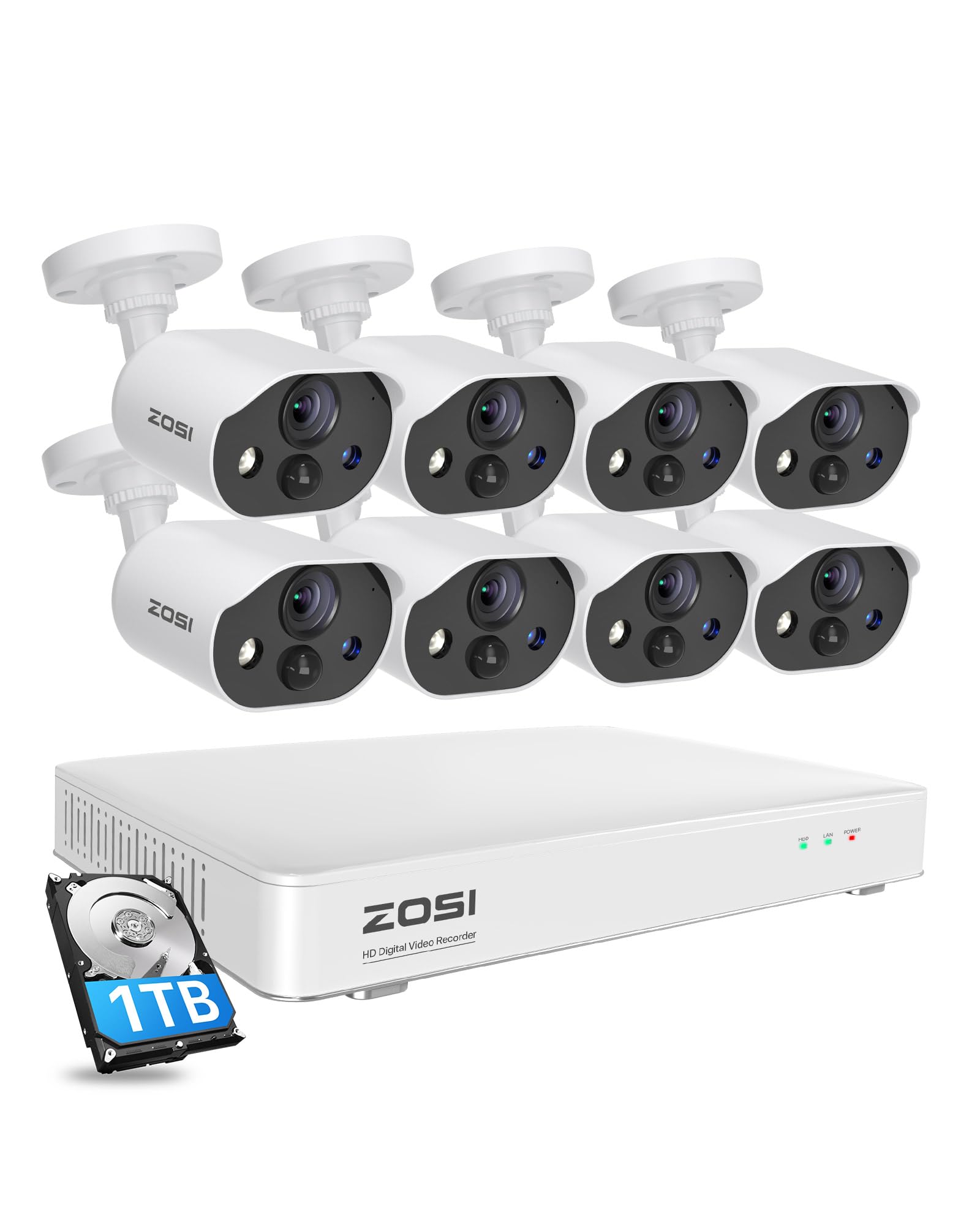 ZOSI C303 Home Security Camera System with Audio, 8CH 3K Lite H.265+ DVR with 1TB HDD, 8pcs 1080P Outdoor CCTV Cameras, Person Vehicle Detection, Night Vision, Spotlight Siren, for 24/7 Recording