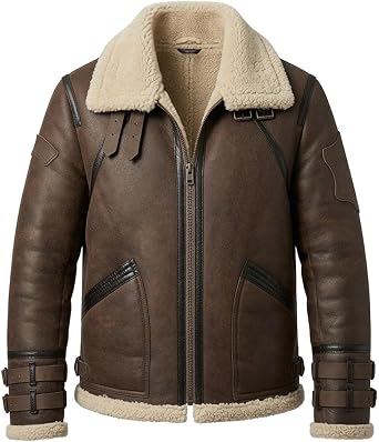 Aviator Sheepskin Real Brown Leather Bomber Jacket for Men